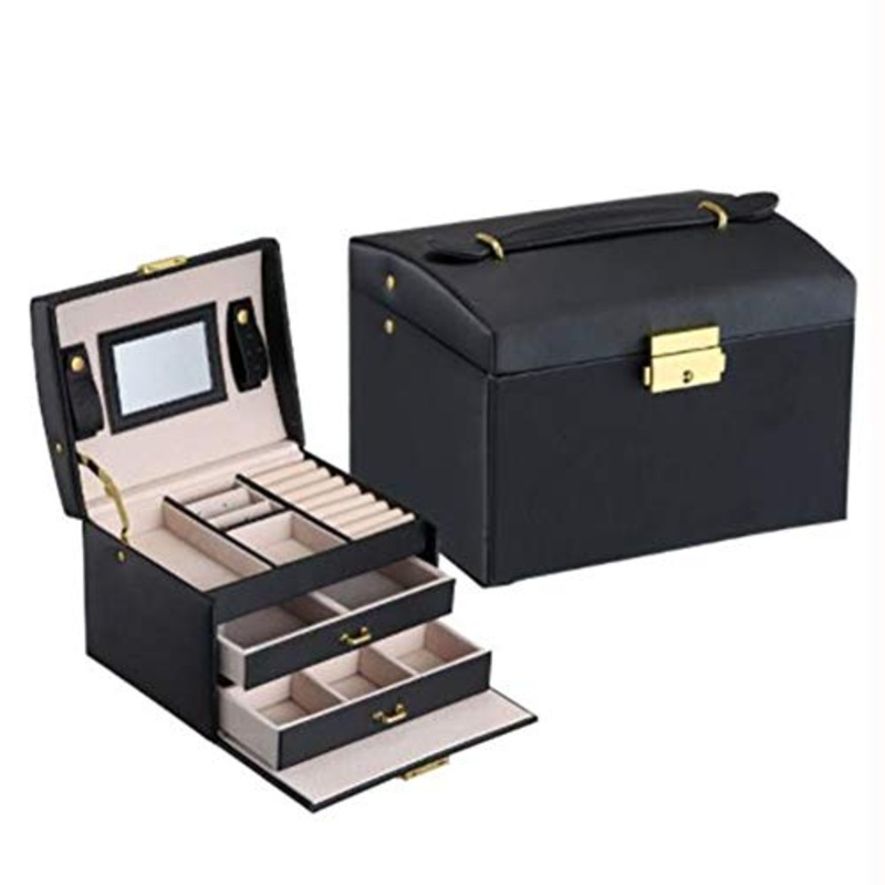 Jewellery Box Three Layers PU Leather Jewelry Storage Box with Mirror And Lock for Girls And Women’s Gift