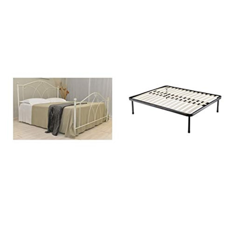 Letto Matrimoniale, Ferro BATTUTO, Modello Denise, 100% Made in Italy (Bianco, Sfumature Oro + Rete Compatibile 160×190)