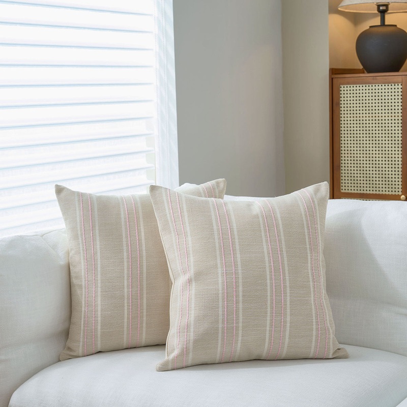 Textured Vertical Striped Pillowcases – Scandinavian Home Decor Accents (Pink Stripes Pair – 45x45cm)