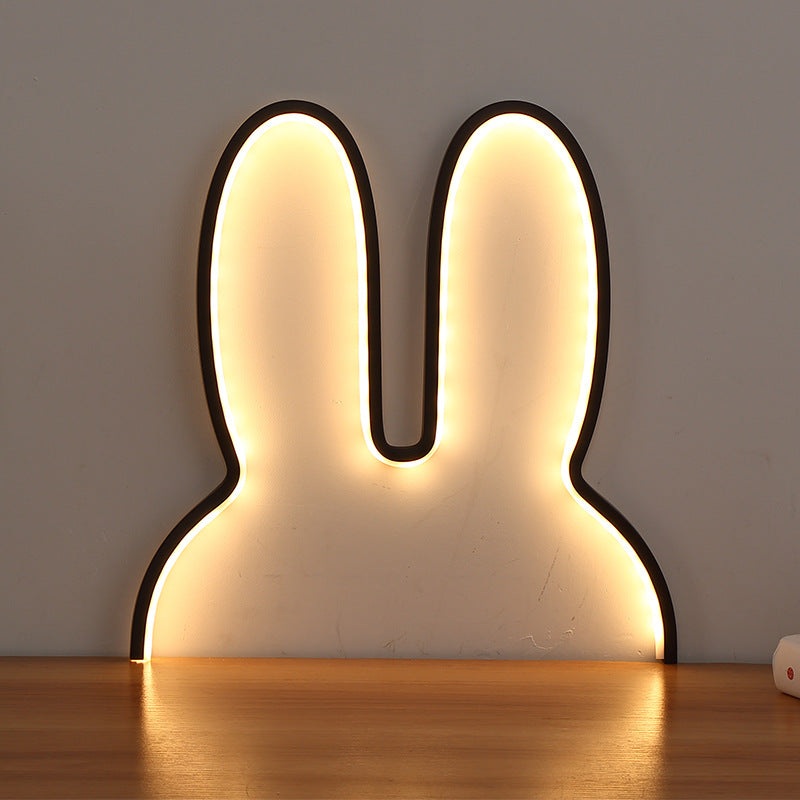 Black 29x30cm Adorable Bunny LED Wall Night Light – USB Powered Warm White Lamp for Kids Room Decor