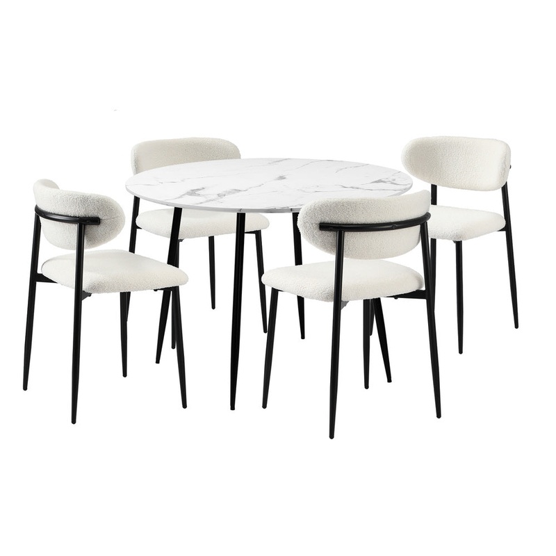 Oikiture 110cm Round Dining Table with 4x Dining Chairs Boucle Black&White