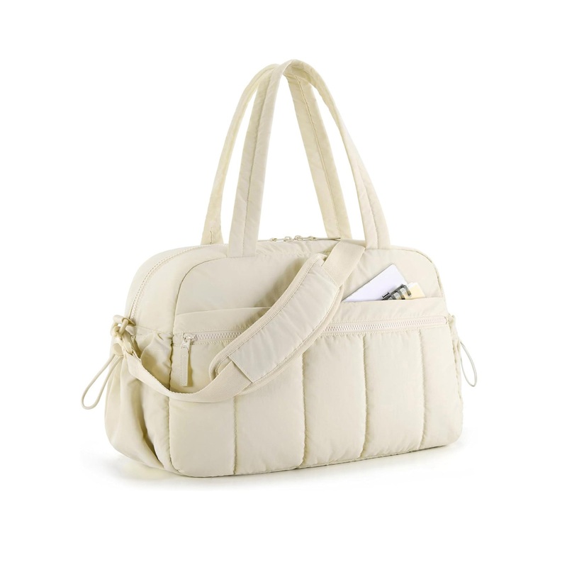 White Large Capacity Quilted Travel Tote Bag – Waterproof Gym Duffel with Wet Pocket (42x19x30cm)