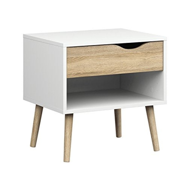Esidra 75394 Delta Comodino, 1 Cassetto, Bianco e Rovere, 50x39x49 cm, Legno_Composito, Naturale, 50.1×39.1×49.7 cm