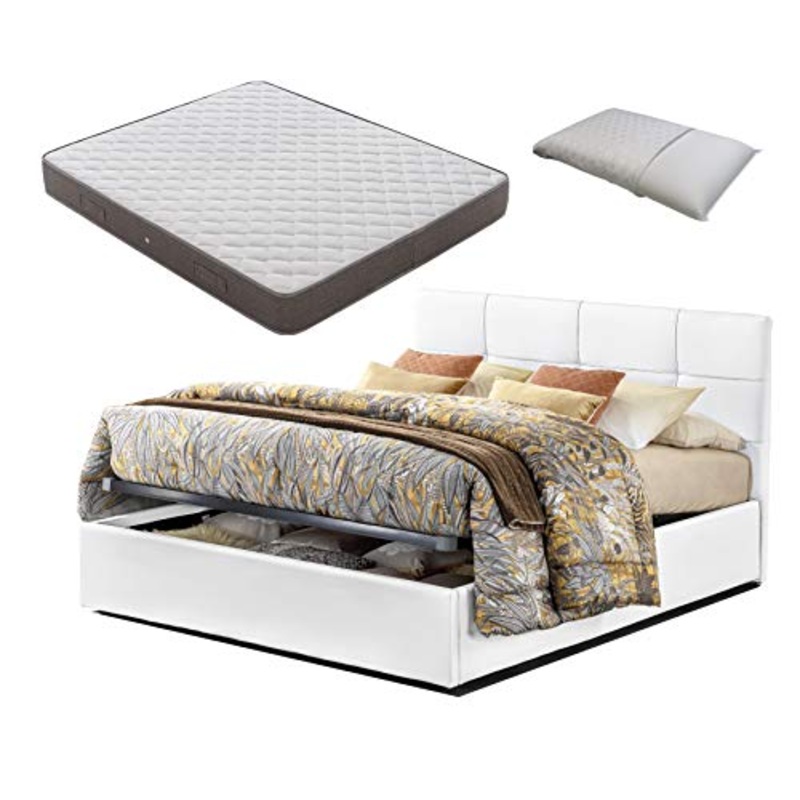 SARDAMATERASSI – Letto piazza e mezza con Box Contenitore similpelle bianco touch + Materasso piazza e mezza altezza 20 cm+ Guanciale memory foam saponetta