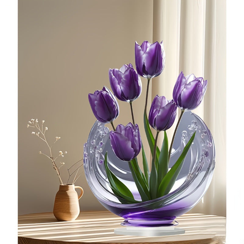2 Pcs Charming Purple Tulip 2D Acrylic Ornament – Flat Floral Tabletop Art Decor Accent