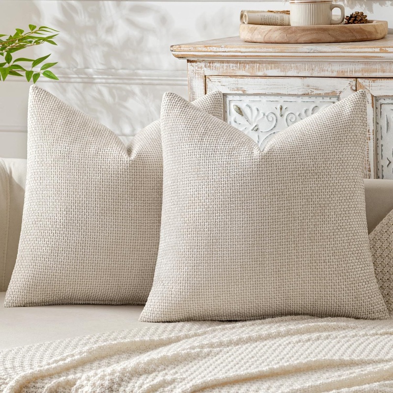Beige Plush Chenille Cushion Covers Set of 2 – Soft Textured Decorative Throw Pillow Cases for Sofa Couch, 45x45cm