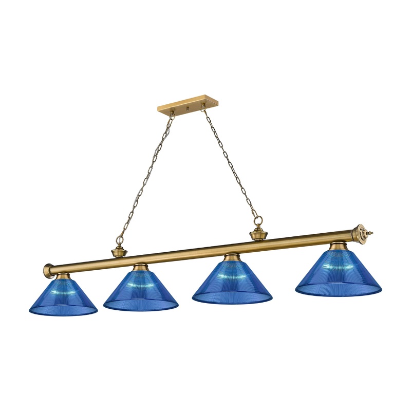 Cordon 4-Light Billiard Rubbed Brass Cone Dark Blue Acrylic
