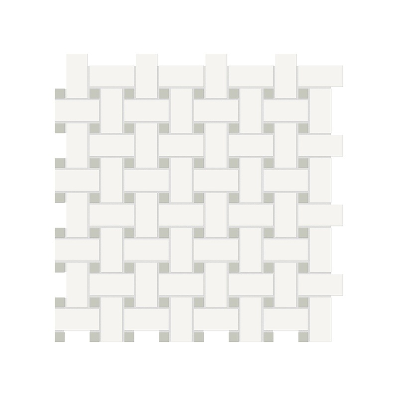 Soho Canvas White Matte Porcelain Basketweave Mosaic With Soft Sage Dot. 1 Sheet = .96 Sq. Ft.