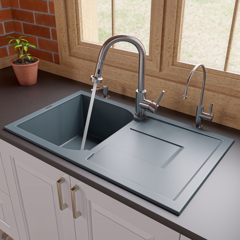 ALFI brand AB1620DI-T Titanium 34″ Single Bowl Granite Composite Kitchen Sink with Drainboard