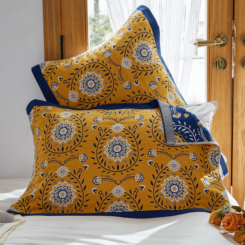Single Yellow Flower Butterfly Pillow Towel Premium Cotton Gauze Pillow Towel Pair – Simple Nordic Style (52x75cm)