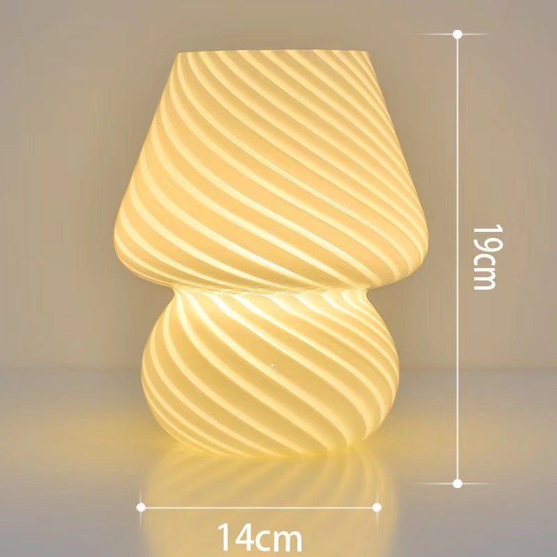 Yellow Retro Swirl Glass Mushroom Table Lamp – USB Powered 3-Level Dimmable Bedside Accent Light
