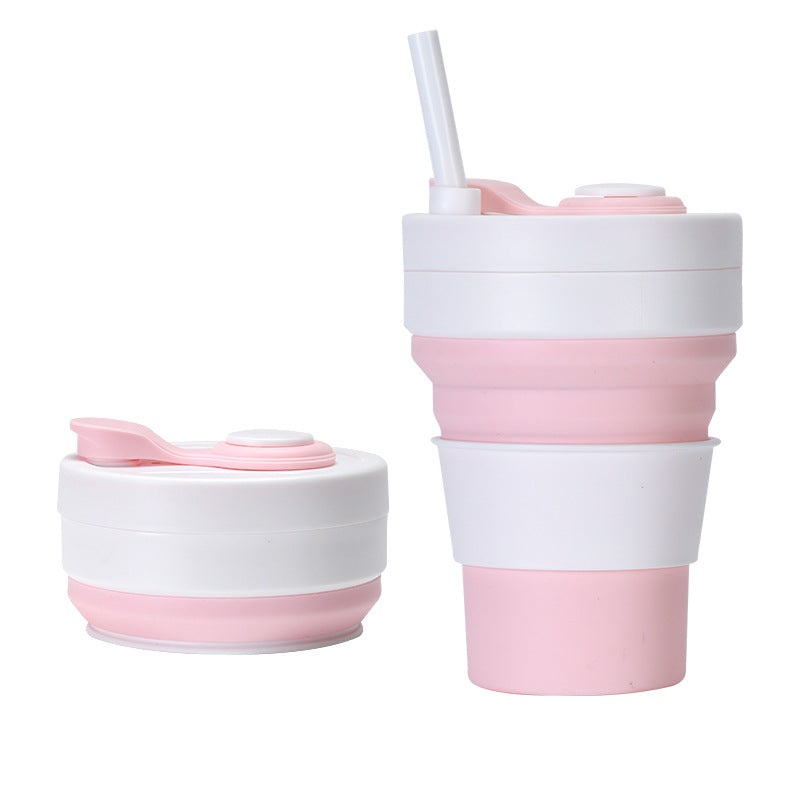 2 Pcs White and Pink 350ml Collapsible Silicone Travel Cup – Portable, Leak-Proof & Food-Grade Drinking Mug with Lid, Insulating Sleeve & Straw