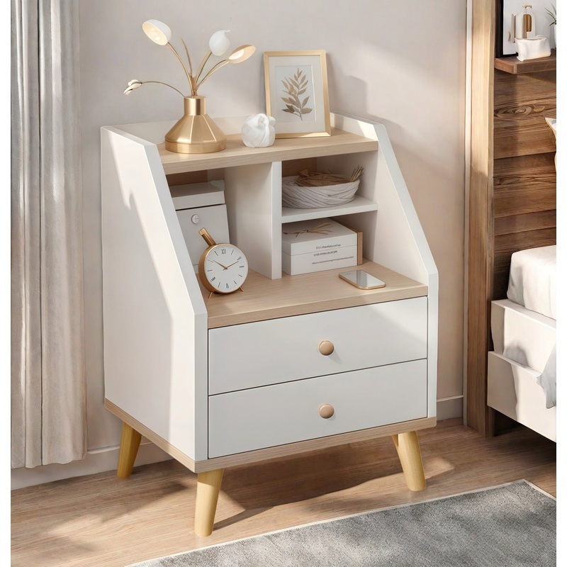 Two-Tone Nightstand Wooden Legs Compartment Storage Drawers White Wood Design
