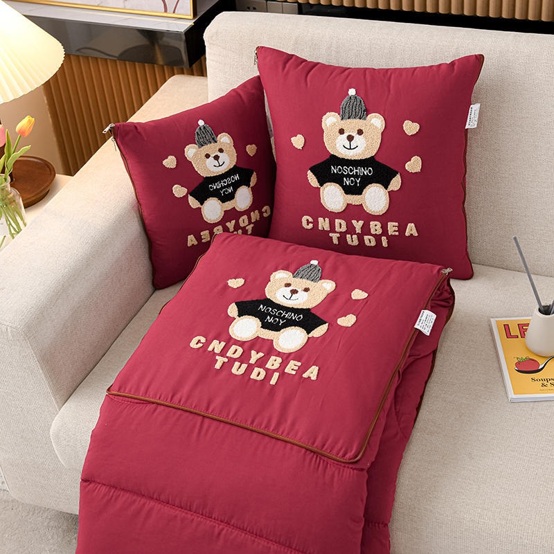 Wine Red Cap Bear 2-in-1 Foldable Car Pillow Blanket – Cozy 40x40cm Pillow, Unfolds to 100x150cm Blanket for Travel and Office Naps