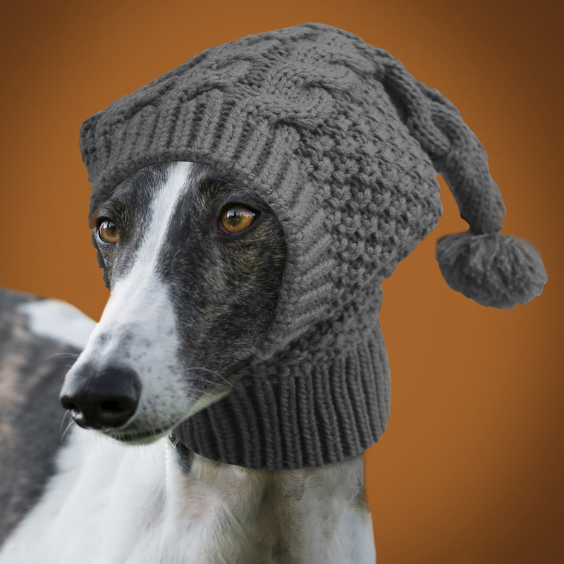 Size S Grey Whimsical Knit Dog Hat with Pom-Pom – Cozy Winter Pet Beanie & Snood