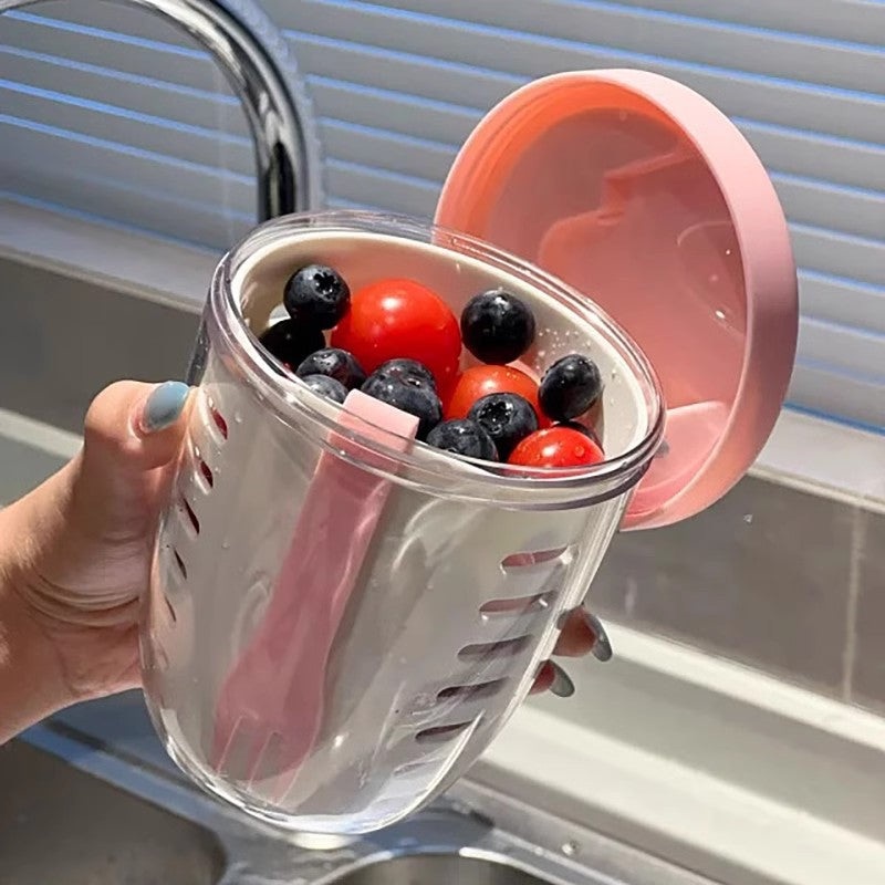 Pink Double Layer Salad Cup with Fork – Leak-proof Fruit Container, Drain Design, Portable Oatmeal and Picnic Jar