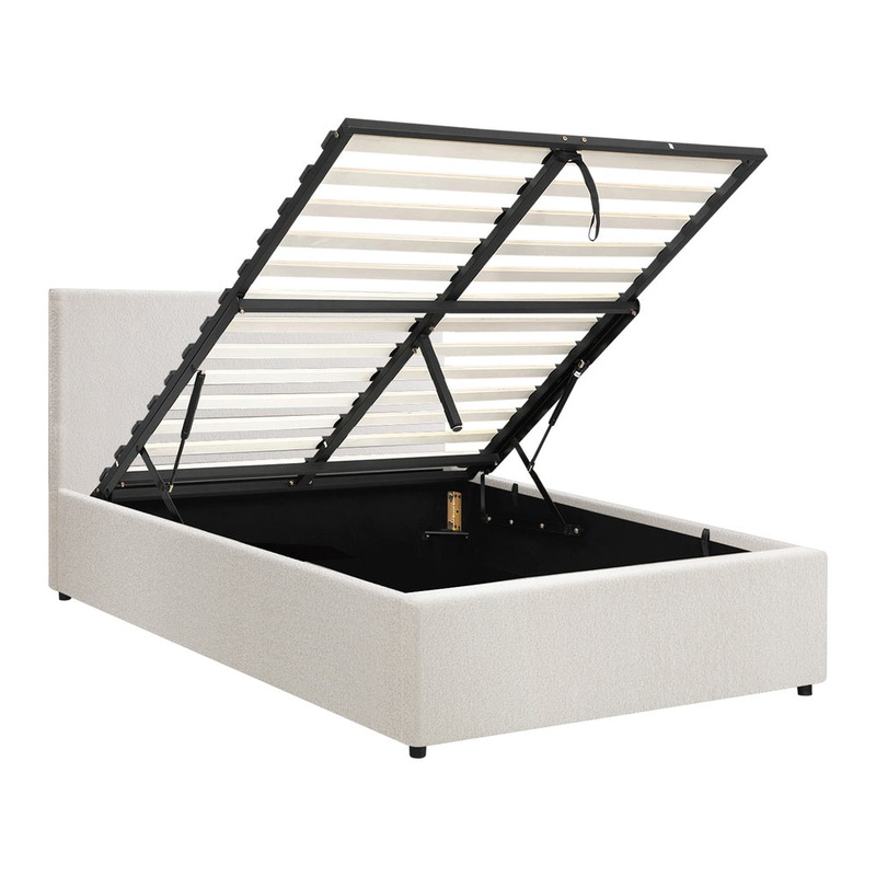 Bed Frame King Single Gas Lift Storage Base White Boucle
