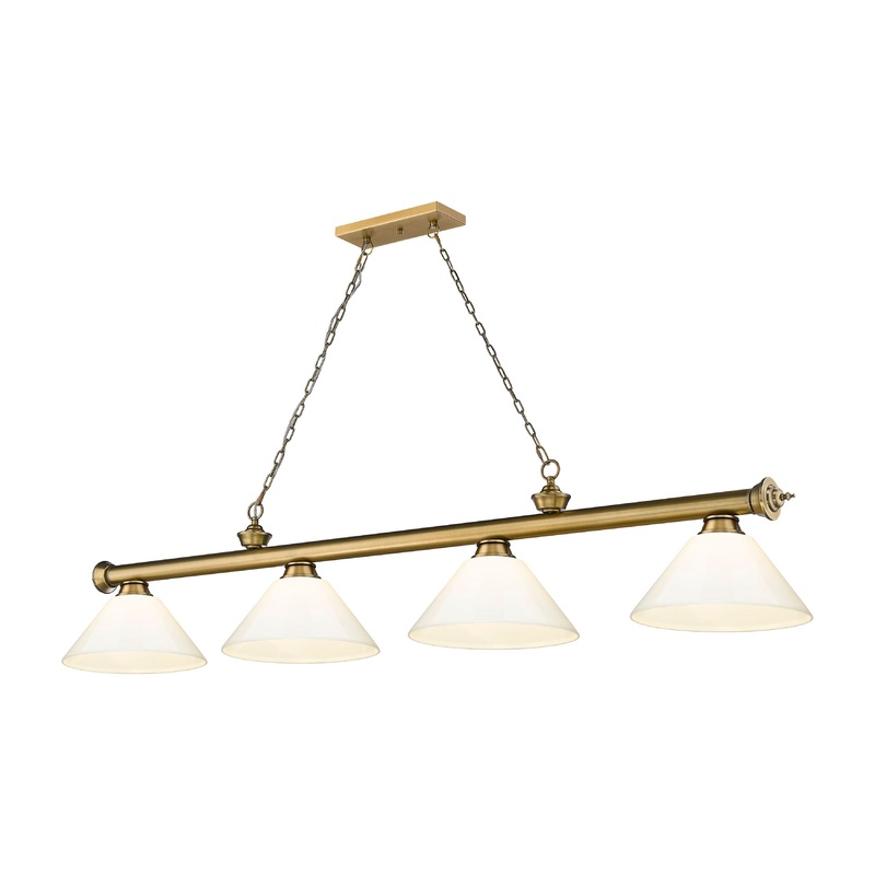 Cordon 4-Light Billiard Rubbed Brass Cone White Plastic
