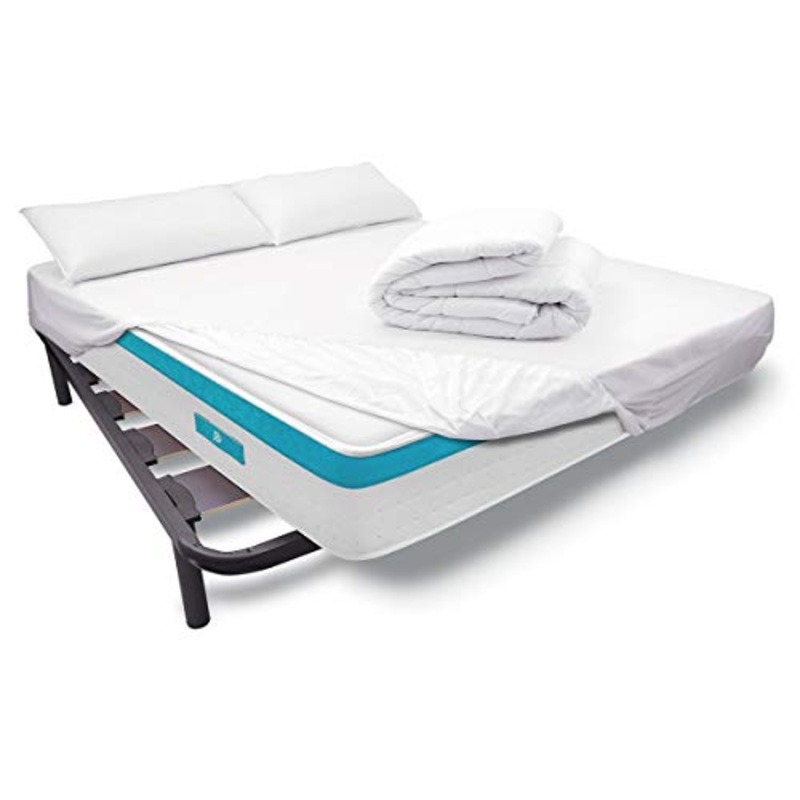 DURMETE ONLINE Confezione Letto Completo con Materasso Sanex + Rete Rinforzata + Lenzuolo Protettivo Tencel + Imbottitura nordica + Cuscino, 90 x 190