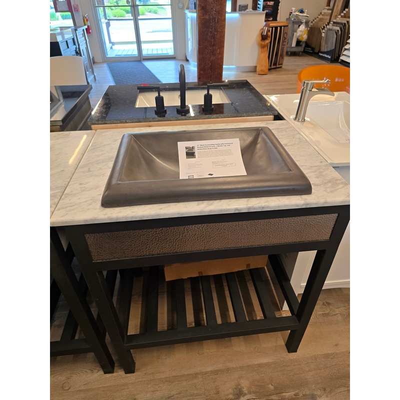 31″ Black Freestanding Vanity with Hammered Brushed Nickel Accents, a Marble Top, and Native Stone Drop-In Sink