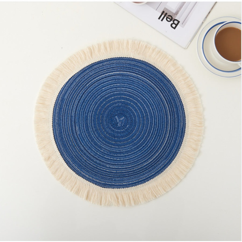 Blue Chic Round Woven Placemats with Tassel Fringe – Set of 4, Cotton Ramie Blend, Heat Resistant Table Mats