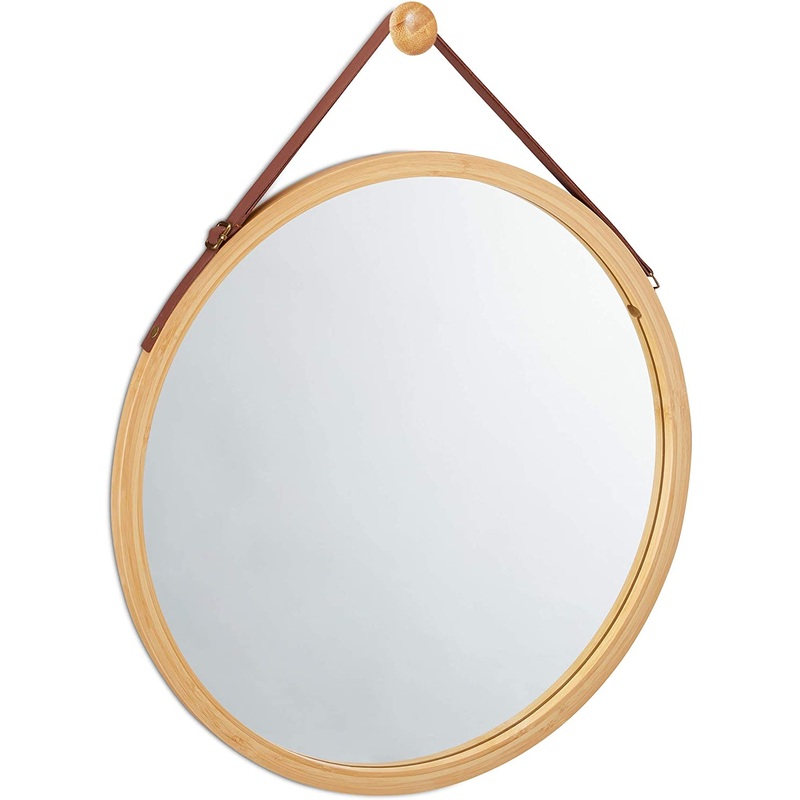 Hanging Round Wall Mirror 38 cm – Solid Bamboo Frame and Adjustable Leather Strap for Bathroom and Bedroom