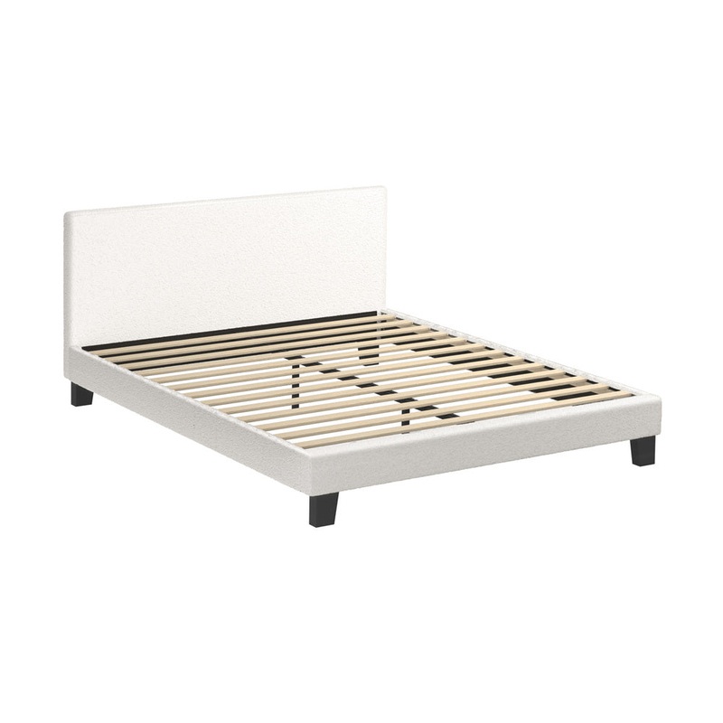 Queen Bed Frame Wooden Slats Boucle Fabric White