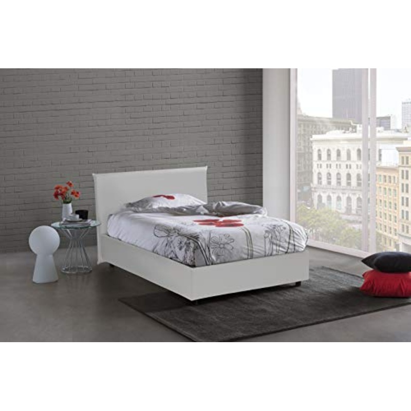 Talamo Italia Letto contenitore Una piazza e mezza Anna, Made in Italy, Letto con rivestimento in ecopelle, Apertura frontale, con materasso cm 120×190 incluso, Bianco