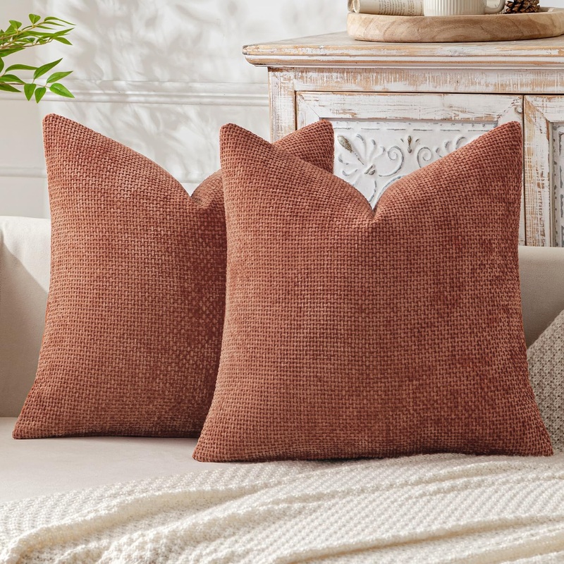 Pink Plush Chenille Cushion Covers Set of 2 – Soft Textured Decorative Throw Pillow Cases for Sofa Couch, 45x45cm
