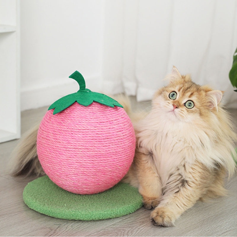 Pink Strawberry And Green Base Fun Fruit Shaped Sisal Cat Scratcher Ball – Durable Scratching Toy with Stable Base
