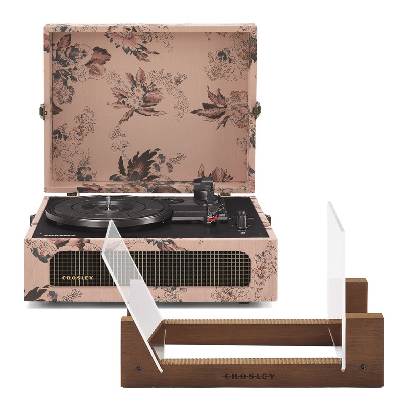 Crosley Voyager Bluetooth Portable Turntable – Floral + Bundled Crosley Record Storage Display Stand