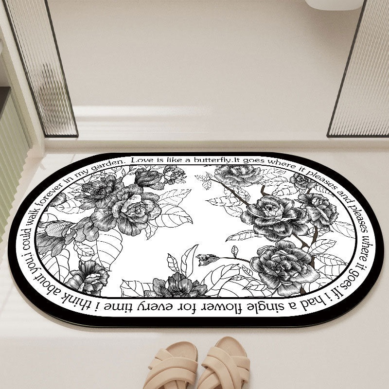 Elegant Floral Print Absorbent Floor Mat – Quick Dry, Non-Slip, Easy Clean Bathroom & Entryway Rug(Black and White)