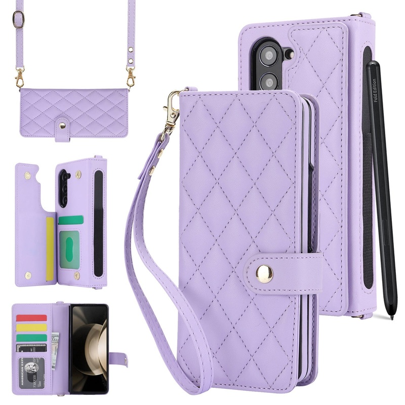 Purple Galaxy Z Fold6 Multi-Functional Leather Wallet Case for Samsung Z Fold Series – Crossbody with Pen Slot, Quilted Design