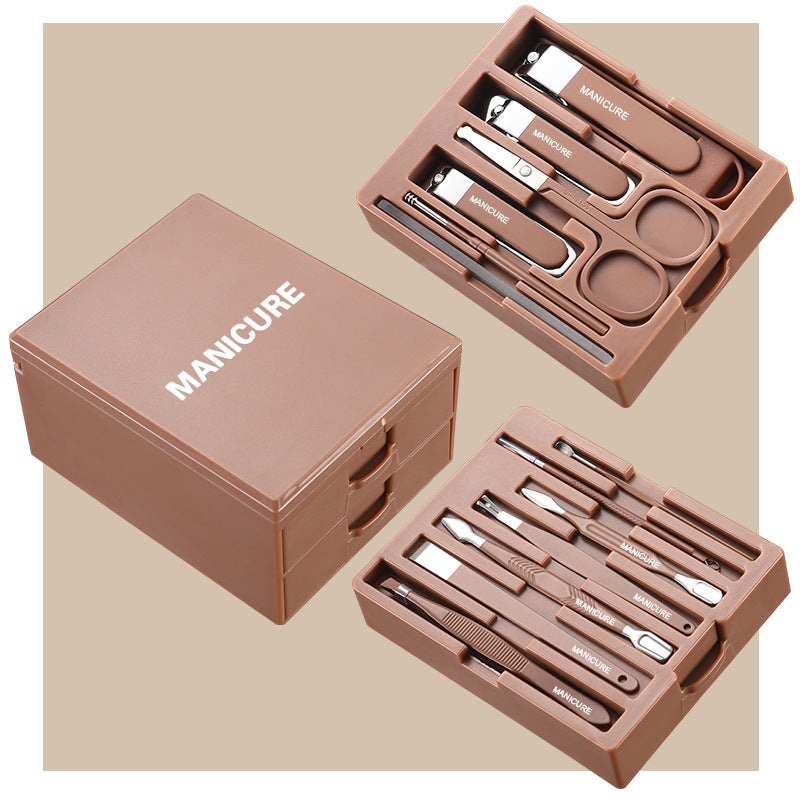 Brown Premium 13-in-1 Manicure & Grooming Kit – Professional Carbon Steel Pedicure Set with Dual-Drawer Case & Mirror