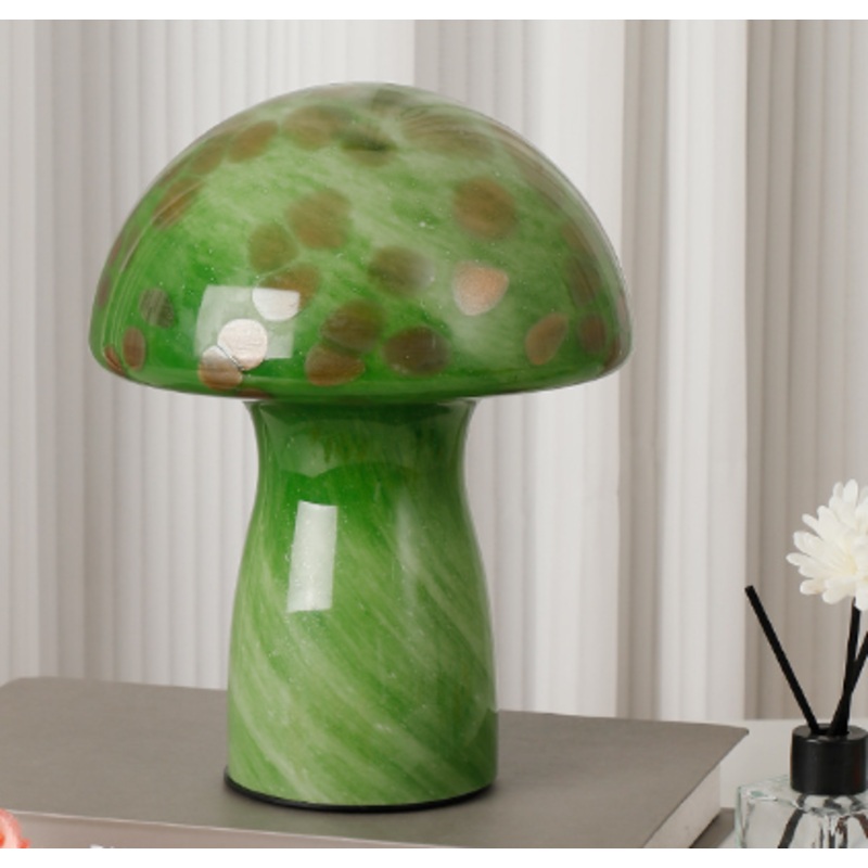 Camouflage Green Retro Swirl Glass Mushroom Table Lamp – LED Bedside Night Light