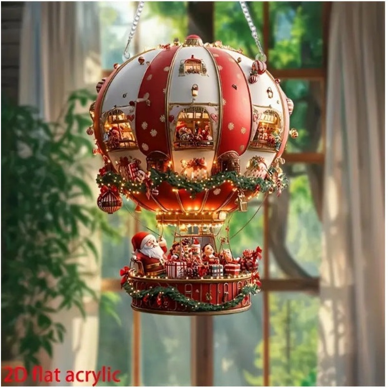 Red Whimsical Santa’s Hot Air Balloon Ornament – 2D Flat Acrylic Hanging Decoration for Wall & Tree