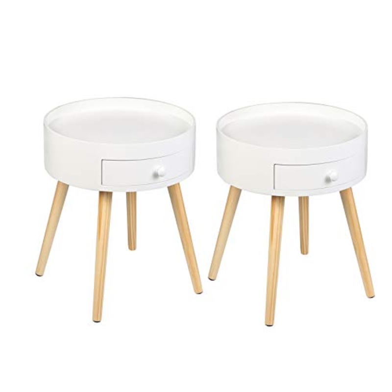 WOLTU Set di 2 Comodini per Camera da Letto Comodino Rotondo con Cassetto Tavolino da Salotto in Legno Bianco TS111ws-2