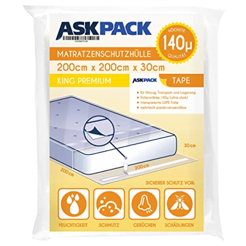 Custodia per Materassi  -Estremamente resistente allo strappo  chiusura adesiva  Impermeabile  4 Misure  Ideale per il Trasloco & Stoccaggio  Film extra forte 100 -140 (200 x 200)