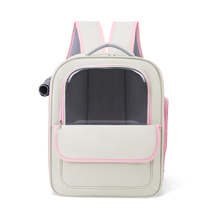 Beige And Pink Spacious Pet Carrier Backpack with Clear Window – Comfortable Travel Bag for Cats & Small Dogs