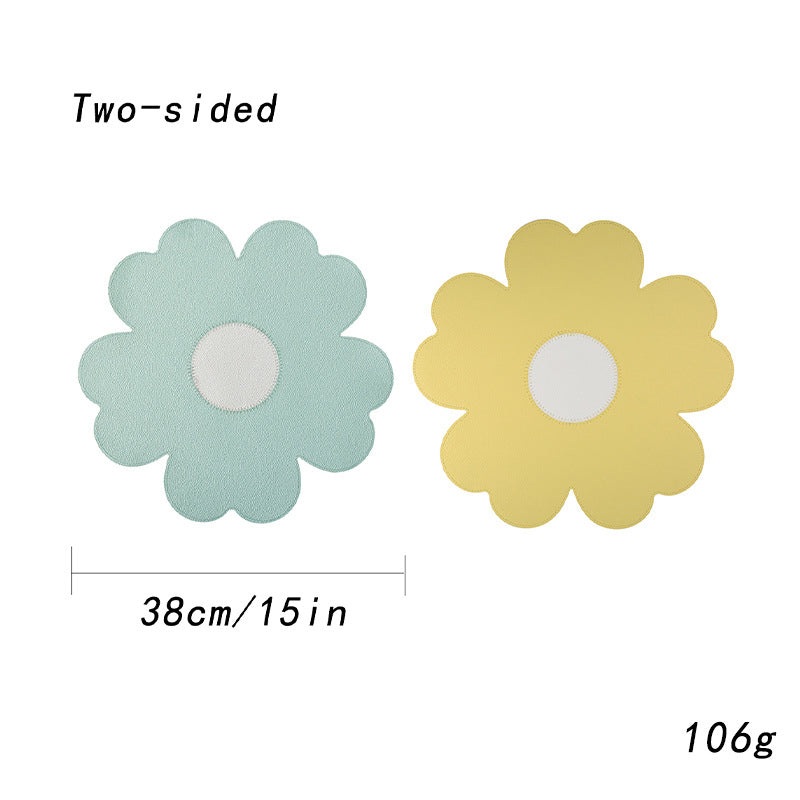 Blue Background With White Heart + Blue Background Set of 6 Reversible Flower Shaped Placemats – Waterproof PU Leather Dining Table Mats