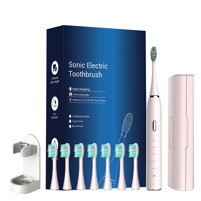Pink Sonic Rechargeable Electric Toothbrush with 8 Heads & Travel Case – 5 Brushing Modes & Smart Timer(USB)