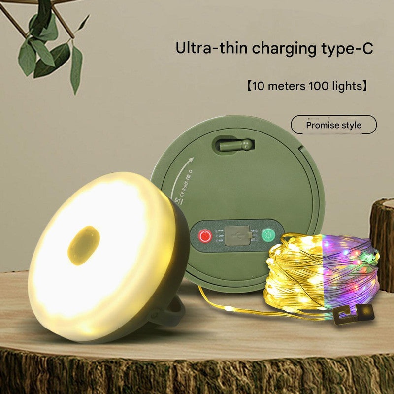 Rechargeable LED Camping Light with 10m Retractable String Light (Color lights + warm lights)
