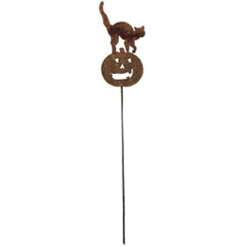 Village Wrought Iron RGS-28 Cat & Pumpkin Rusted Garden Stake