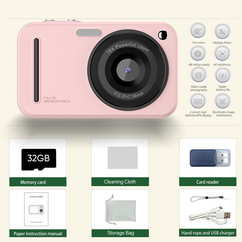 48MP Digital Camera with 16x Zoom & AF Autofocus – Full HD Vlogging Camera for Beginners & Kids(Pink)