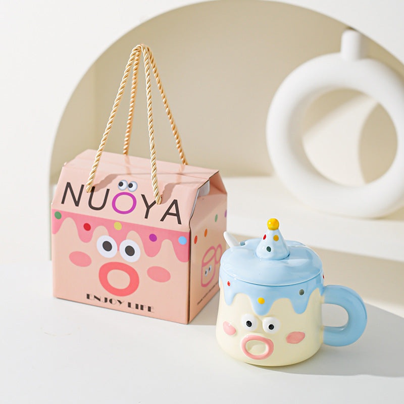 Blue Adorable Cartoon Character Ceramic Mug Set – 420ml with Fun Cake Design Lid & Matching Spoon – Perfect Gift