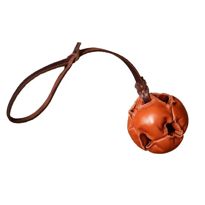 Brown Durable Leather Dog Training Ball with Loop Handle – Interactive Bite & Tug Toy for Playful Pups