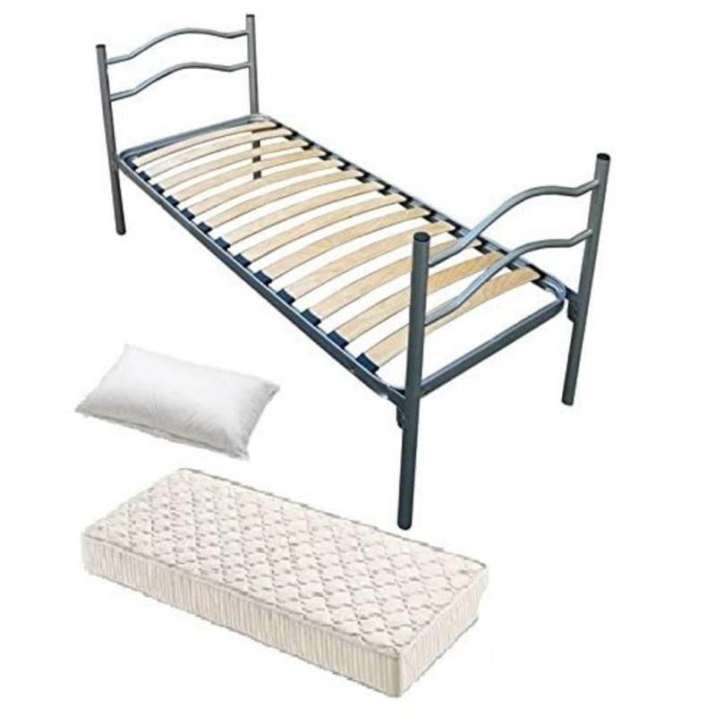 DOLCI SOGNI Rete Letto Singolo 80×190, Grigio, Letto Ferro Battuto con Rete a Doghe, Letto con Testiera e Pediera, Letto Singolo con Materasso Waterfoam e Cuscino in Fibra Vergine – 100% Made in Italy