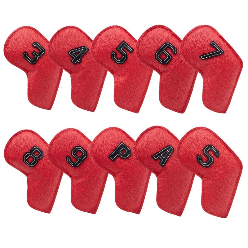 Red Golf Iron Head Covers Set of 10 – Waterproof PU Leather Club Protectors with Embroidered Numbers (3-9, P, A, S)