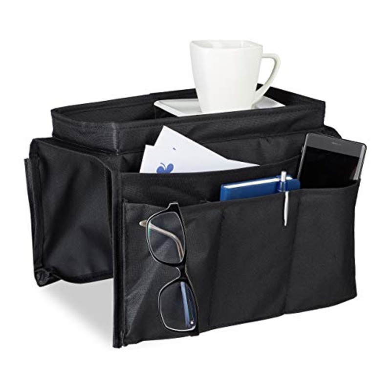 Relaxdays Vassoio Divano da Bracciolo, 6 Tasche Porta Telecomando, Poliestere, Nero, 22 x 18 x 31 cm
