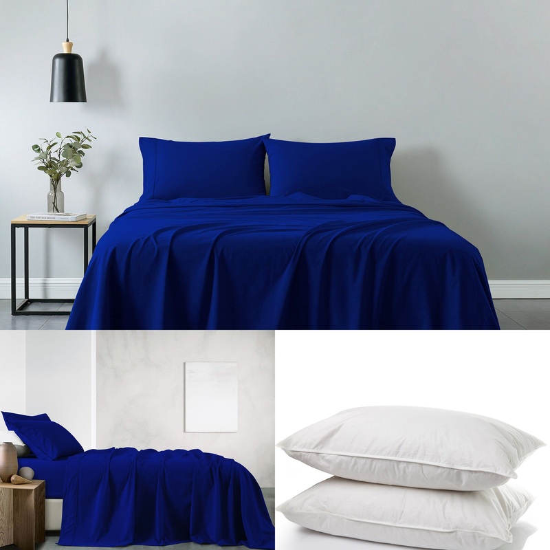 Royal Comfort 100% Cotton Vintage Sheet Set And 2 Duck Feather Down Pillows Set – Double – Royal Blue